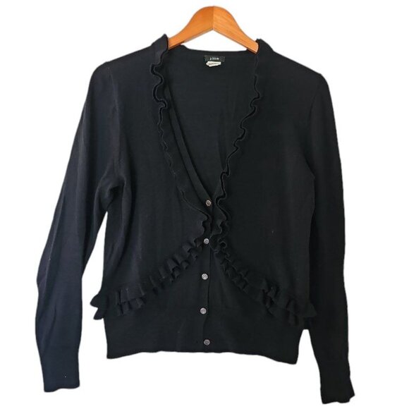 J. Crew Black Cardigan 100% Merino Wool‎ L Large Ruffle Lightweight Soft - Picture 3 of 11